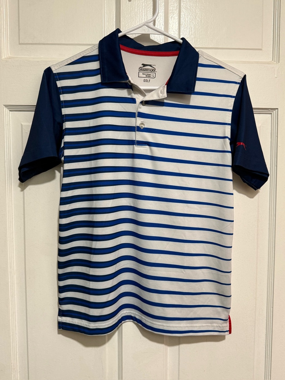 Boys Large Slazenger Golf Polo Shirt Red White Blue Stripe Short Sleeve